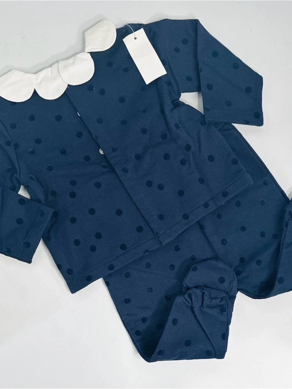 Jacadi Navy Blue Dot Pajama Set with White Scalloped Collar